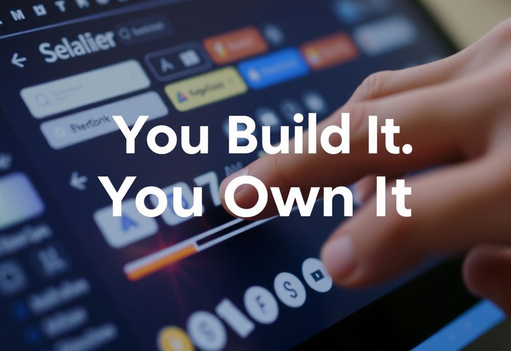 Close-up of a person's hand interacting with a no-code app builder interface on a touchscreen device. Various app icons and UI elements are visible. Bold white text overlay reads: “You Build It. You Own It.”